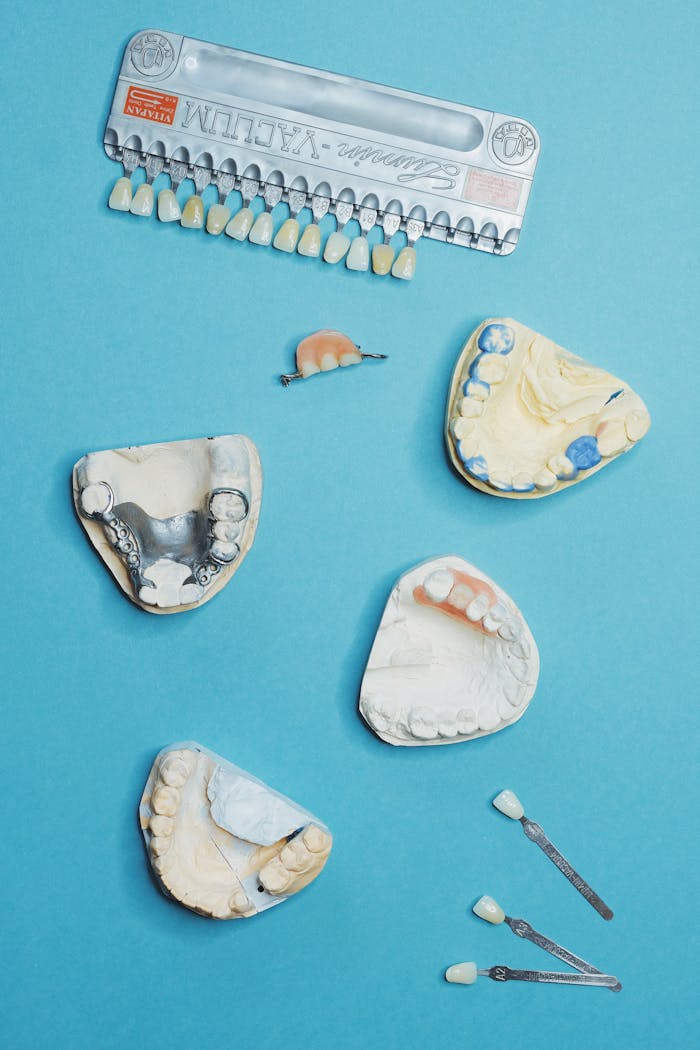 Dental molds and prosthetics on a blue surface for dental care insights.